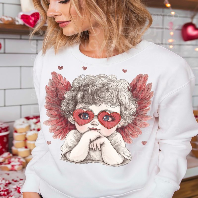 Cute Cupid with pink heart sunglasses. Valentines Day  design.Png file for sublimation and dtf T-shirts and prints.