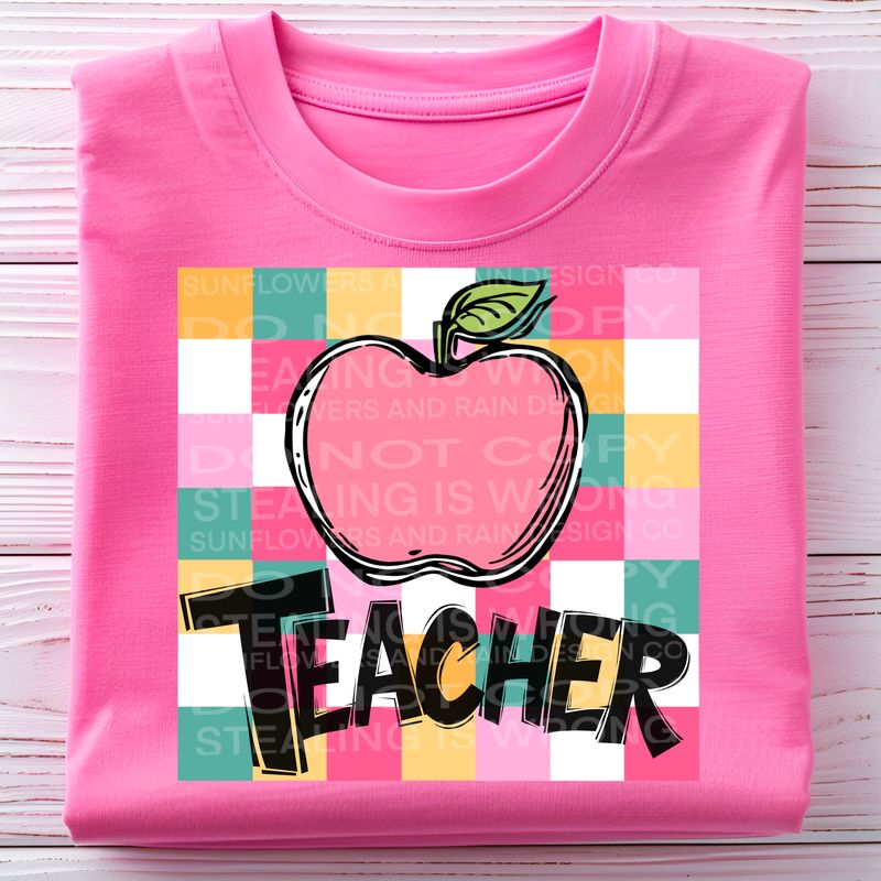 Teacher. Apple Checkered design  .Png file for sublimation and dtf T-shirts and prints.