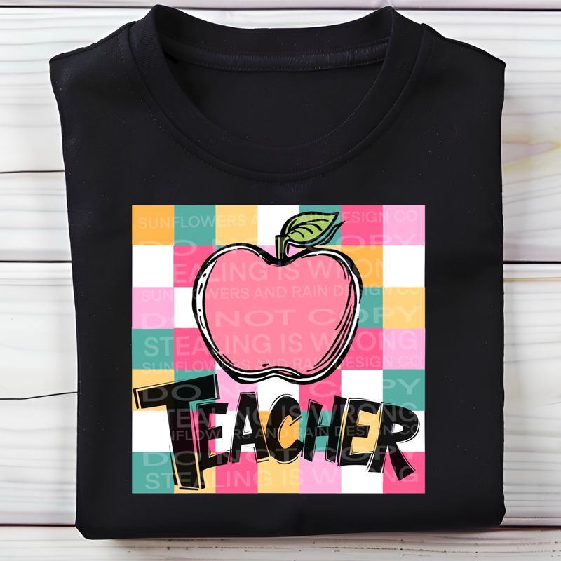 Teacher. Apple Checkered design  .Png file for sublimation and dtf T-shirts and prints.