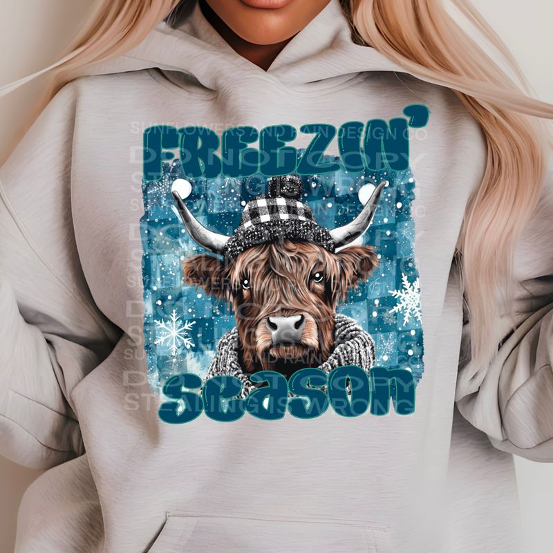 Highland Cow Freezin’ season winter design .Png file for sublimation and dtf T-shirts and prints.