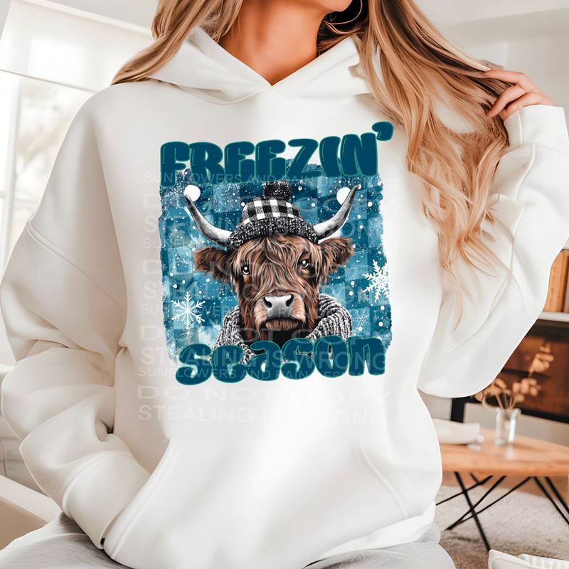 Highland Cow Freezin’ season winter design .Png file for sublimation and dtf T-shirts and prints.