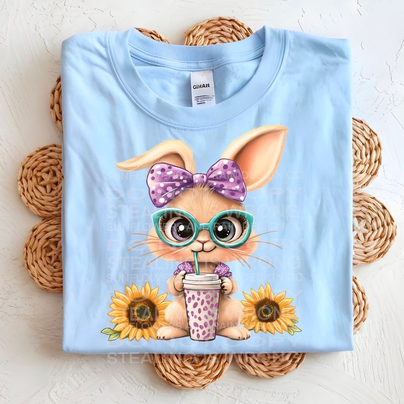 Easter bunny with sunflowers and coffee .Png file for sublimation and dtf T-shirts and prints.