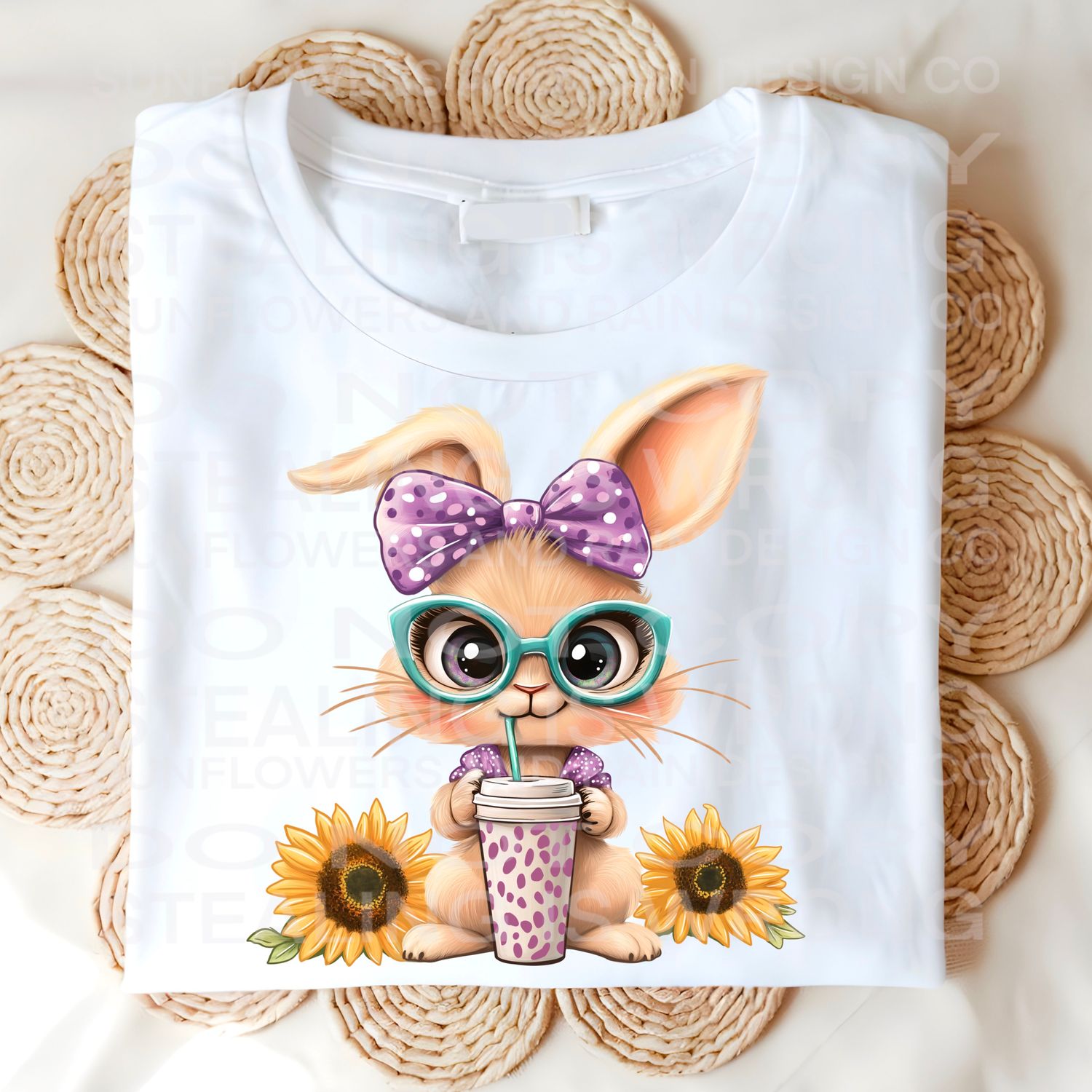Easter bunny with sunflowers and coffee .Png file for sublimation and dtf T-shirts and prints.