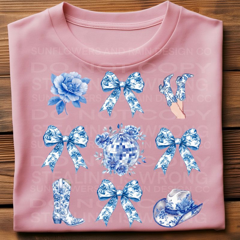 Blue toile Western   png file for sublimation and dtf shirts. Digital download only.