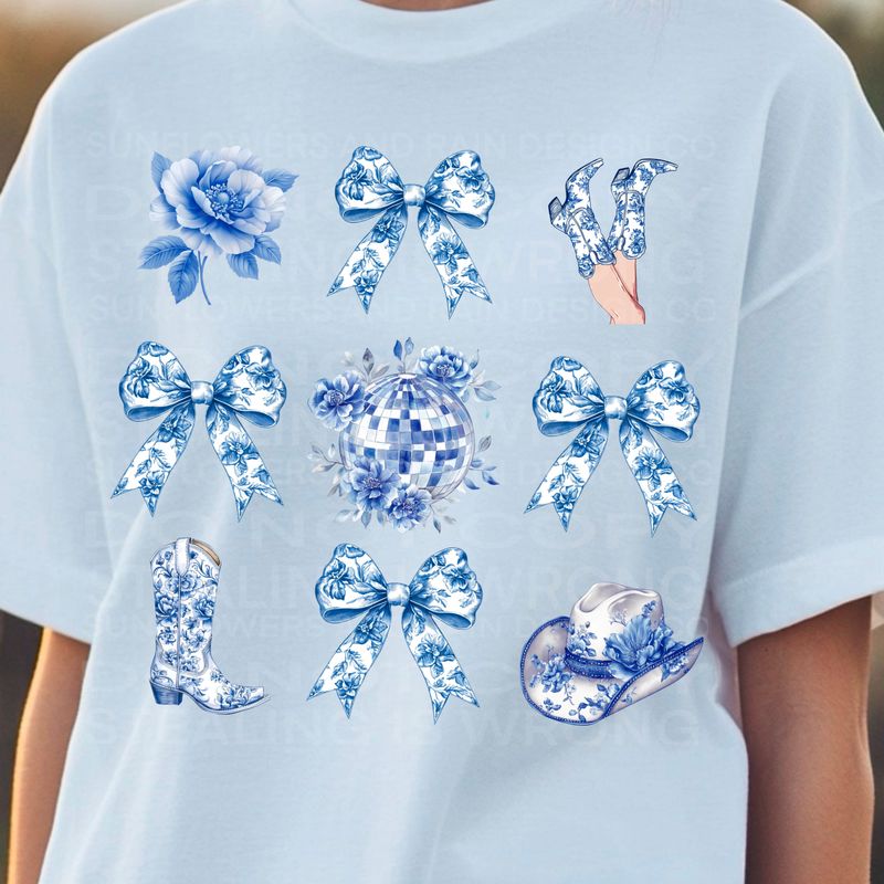 Blue toile Western   png file for sublimation and dtf shirts. Digital download only.