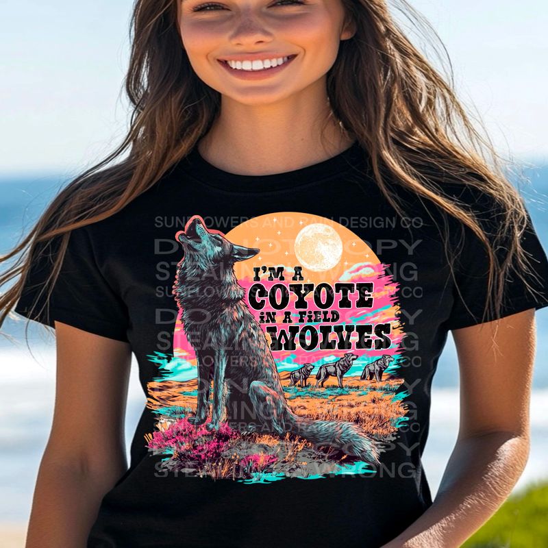Coyote in a field of wolves file for sublimation and dtf shirts. Digital download only.