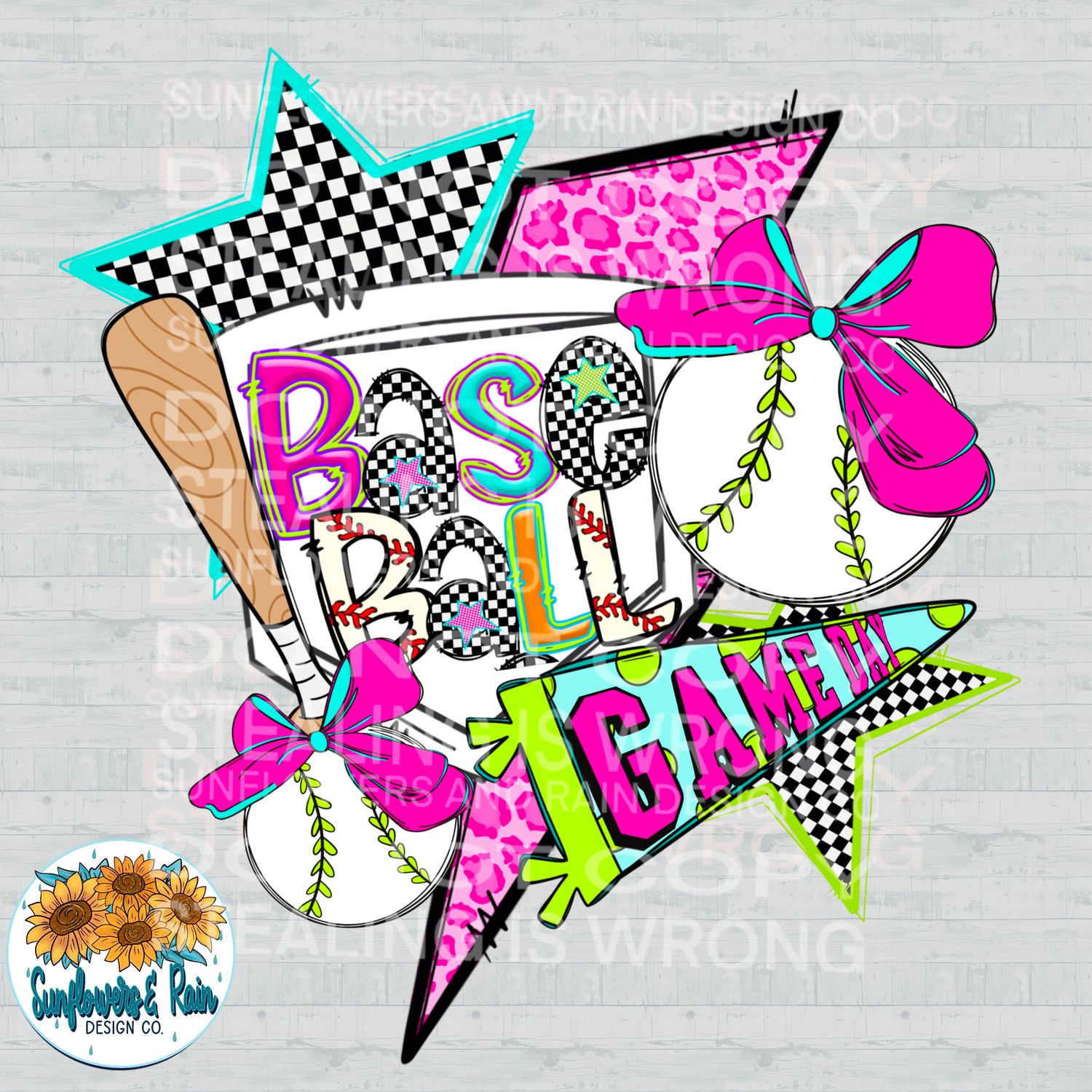 Baseball croquette bow neon png file for sublimation and dtf shirts. Digital download only.