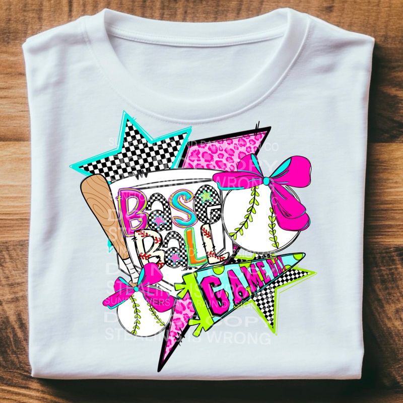 Baseball croquette bow neon png file for sublimation and dtf shirts. Digital download only.