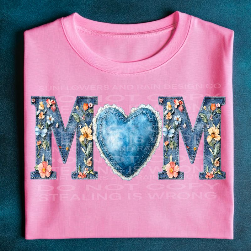 Mom Denim flowers png file for sublimation and dtf shirts. Digital download only.