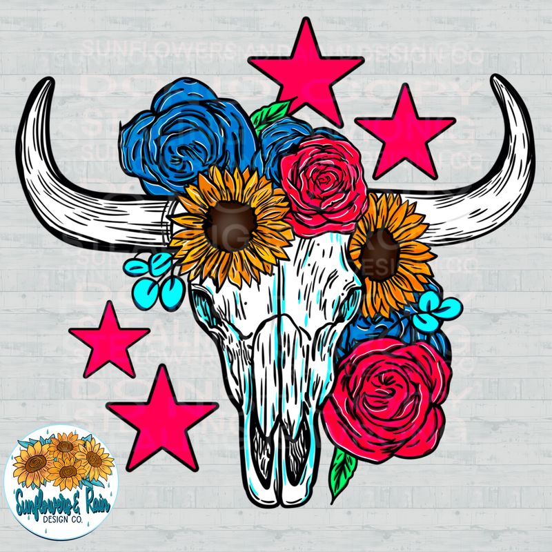 Bull skull red, white, blue  file for sublimation and dtf shirts. Digital download only.