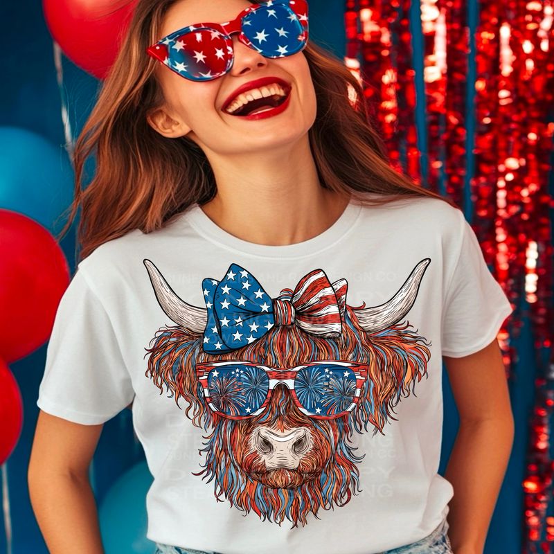 Highland cow 4th of July png file for sublimation and dtf shirts. Digital download only.