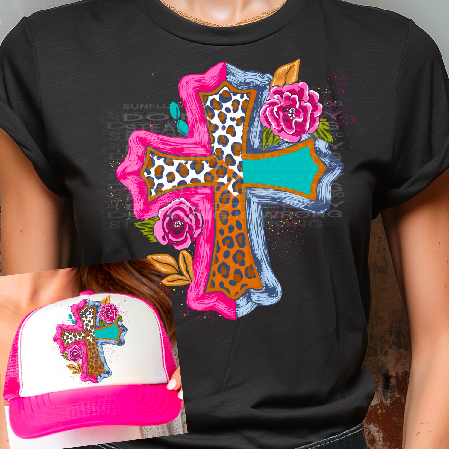 Cross, leopard print, flowers png file for sublimation and dtf shirts. Digital download only.