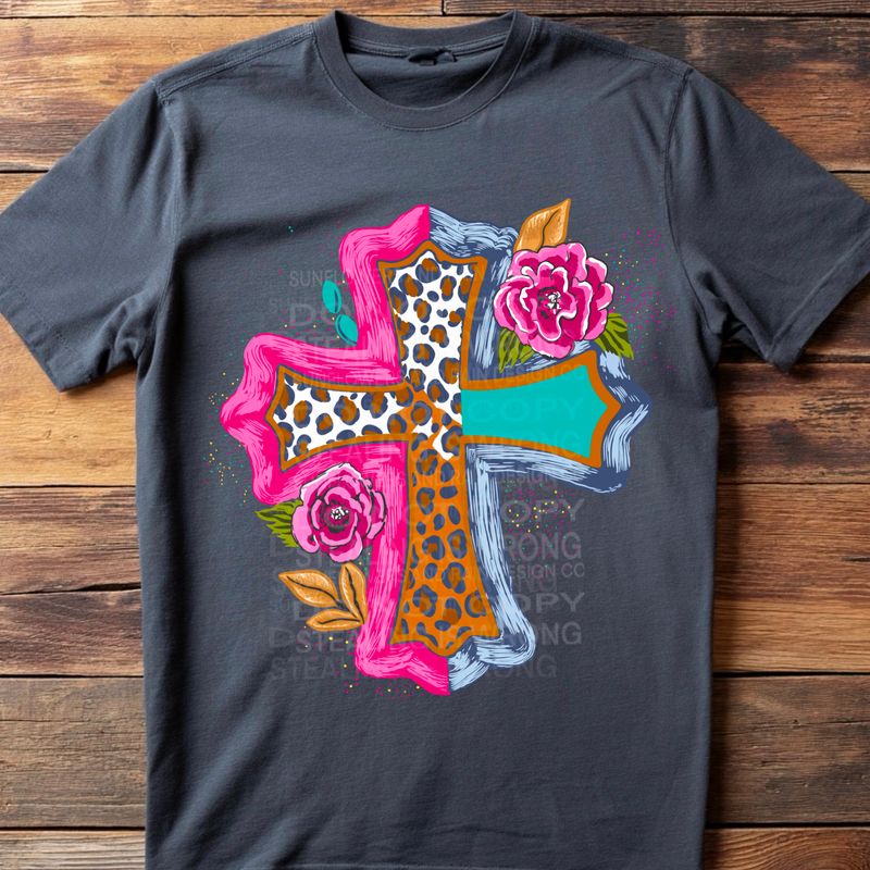 Cross, leopard print, flowers png file for sublimation and dtf shirts. Digital download only.