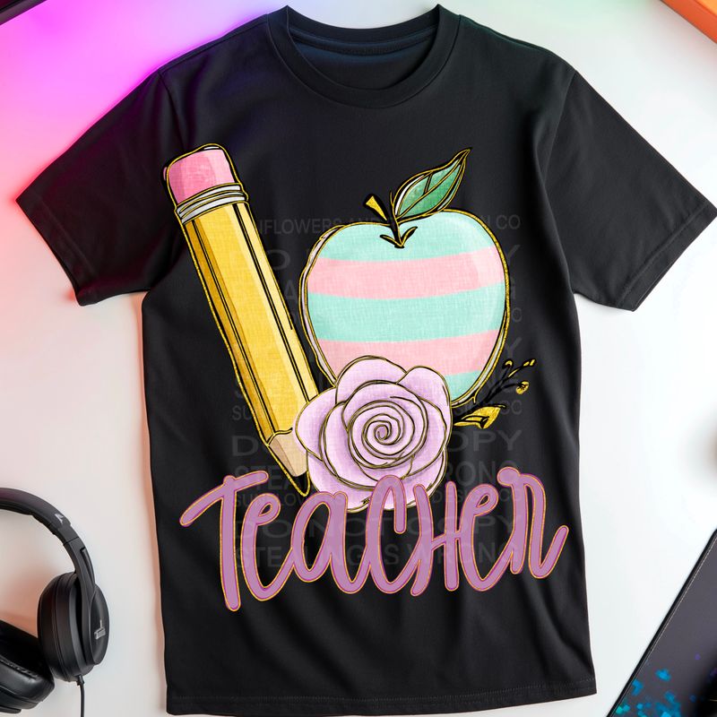 Teacher with flowers, apple and pencil  png file for sublimation and dtf shirts. Digital download only.