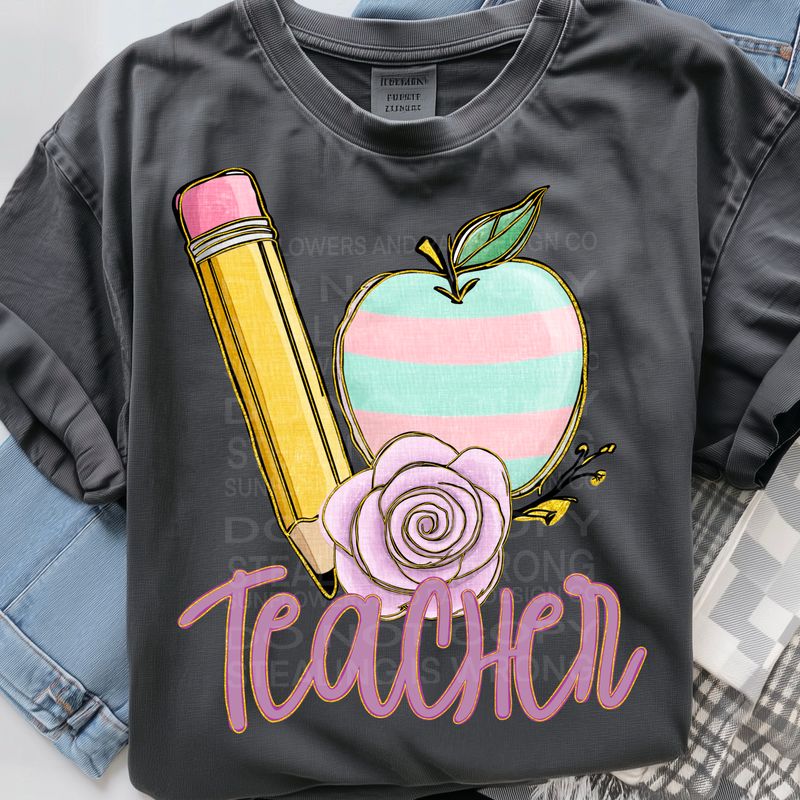 Teacher with flowers, apple and pencil  png file for sublimation and dtf shirts. Digital download only.