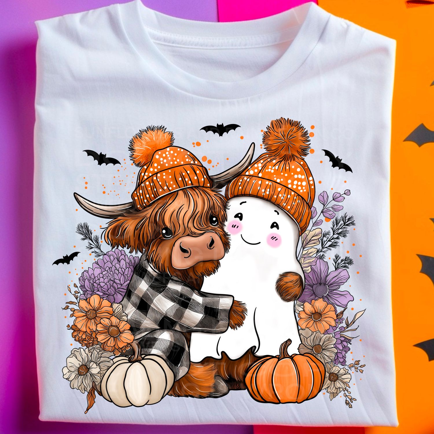 Highland cow and ghosts png file for sublimation and dtf shirts. Digital download only.