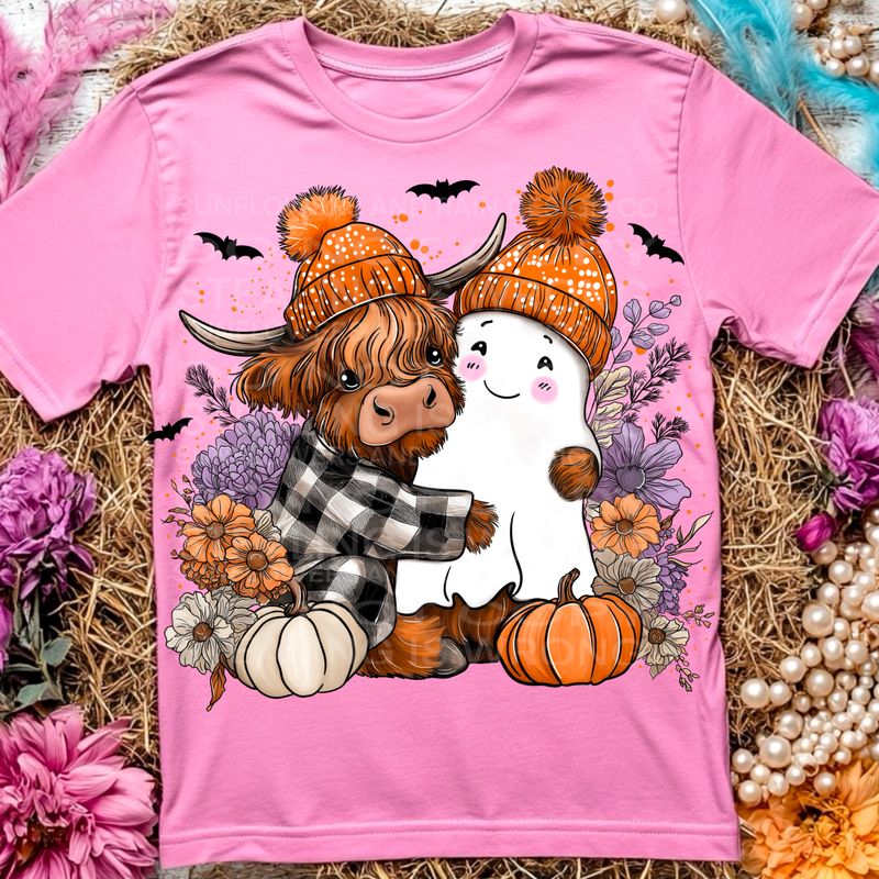 Highland cow and ghosts png file for sublimation and dtf shirts. Digital download only.