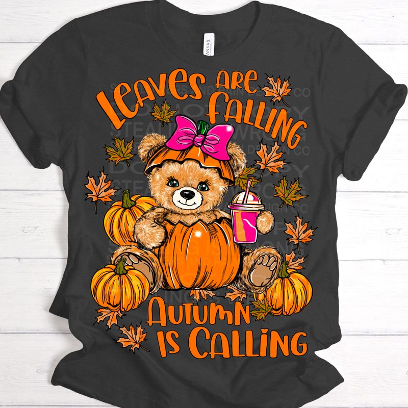 The leaves are falling teddy bear png file for sublimation and dtf shirts. Digital download only.