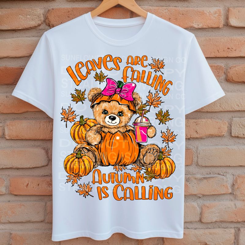 The leaves are falling teddy bear png file for sublimation and dtf shirts. Digital download only.