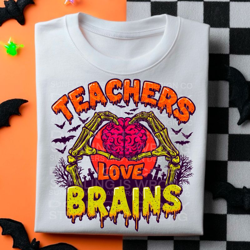 Teachers love brains Halloween png file for sublimation and dtf shirts. Digital download only.