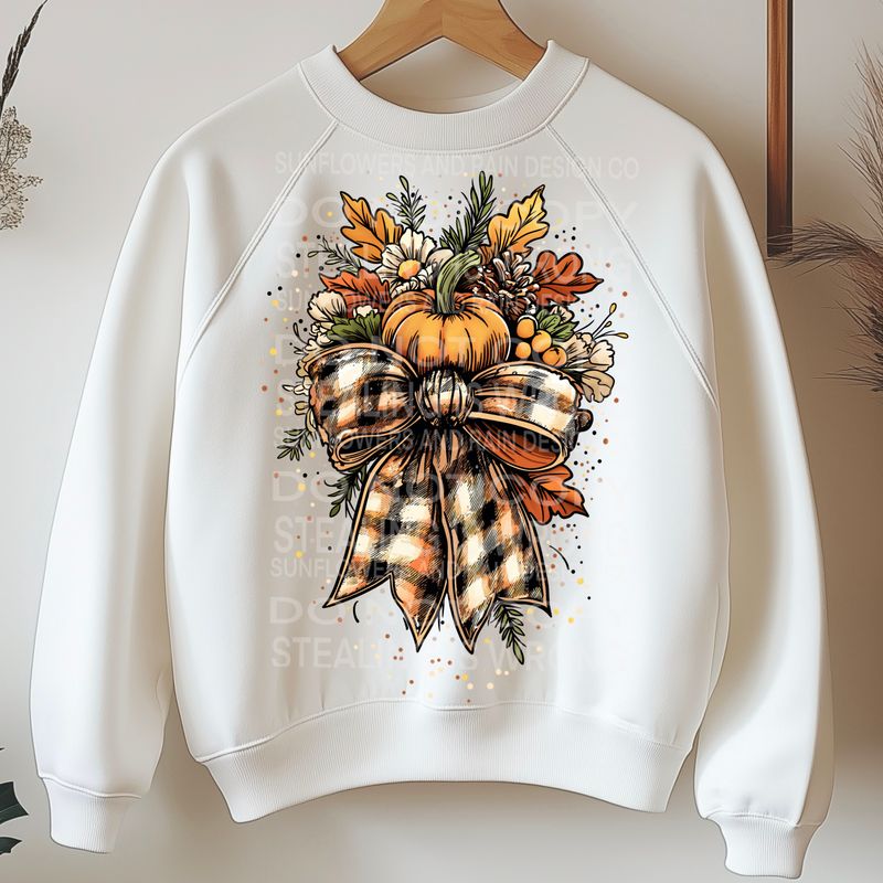 Fall pumpkin plaid bow png file for sublimation and dtf shirts. Digital download only.