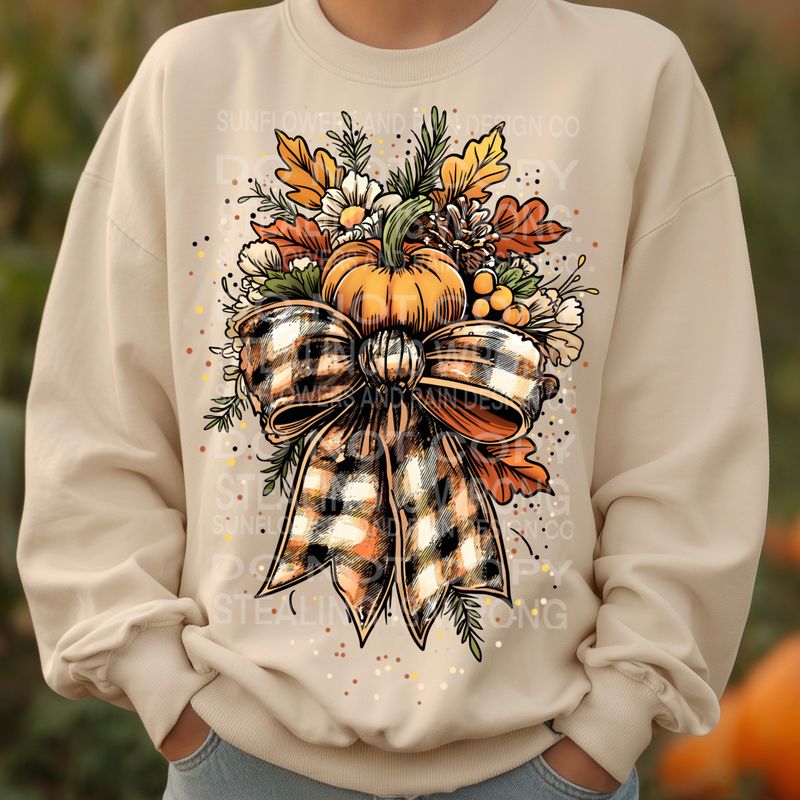 Fall pumpkin plaid bow png file for sublimation and dtf shirts. Digital download only.