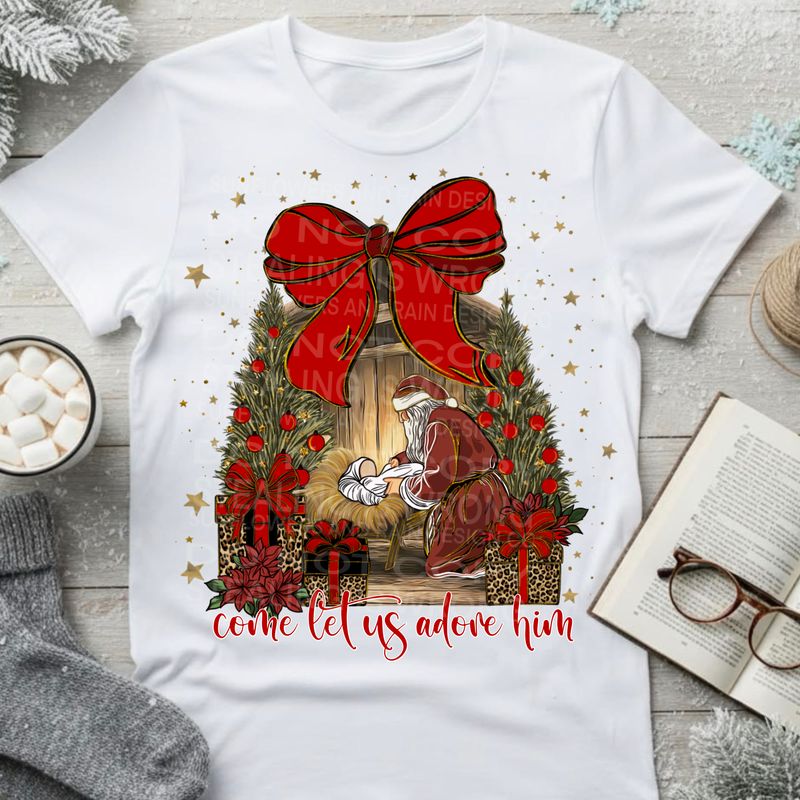 Come let us adore him. Jesus and Santa  png file for sublimation and dtf shirts. Digital download only.