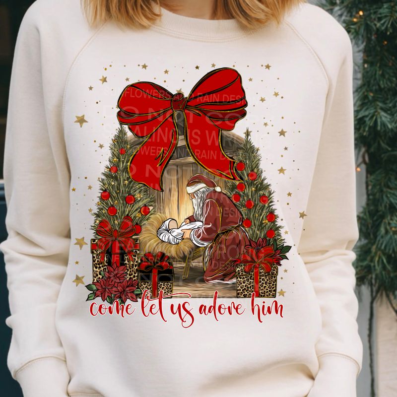 Come let us adore him. Jesus and Santa  png file for sublimation and dtf shirts. Digital download only.