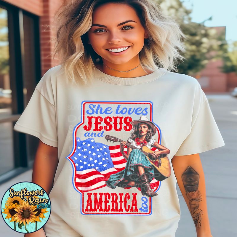 She loves Jesus and America too , western red, white and blue,  png file included digital download, Sublimation design.