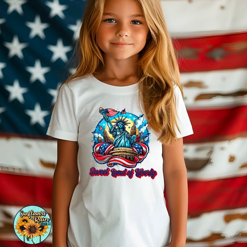 Sweet land of liberty red, white and blue PNG file for sublimation or DTF T-shirts. Digital download only.
