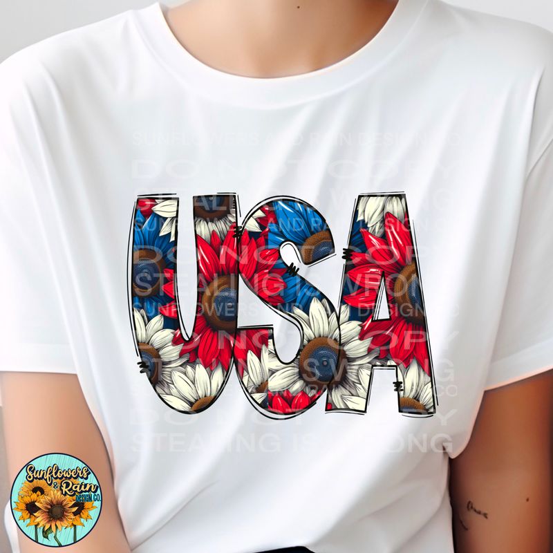 USA sunflowers red, white and blue PNG file for sublimation or DTF T-shirts. Digital download only.