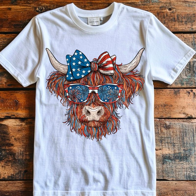 Highland cow 4th of July png file for sublimation and dtf shirts. Digital download only.