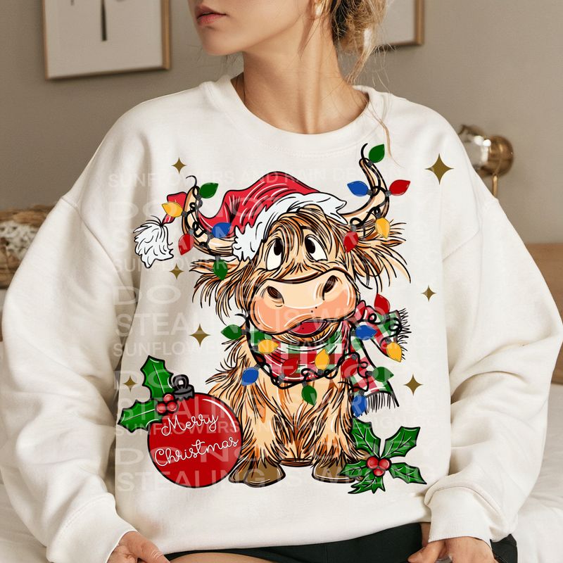 Merry Christmas highland cow png file for sublimation and dtf shirts. Digital download only.