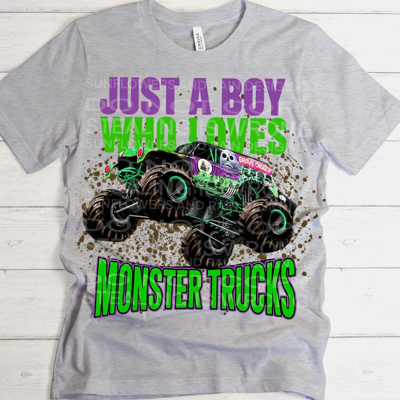Just a boy who loves monster trucks png file for sublimation and dtf shirts. Digital download only.
