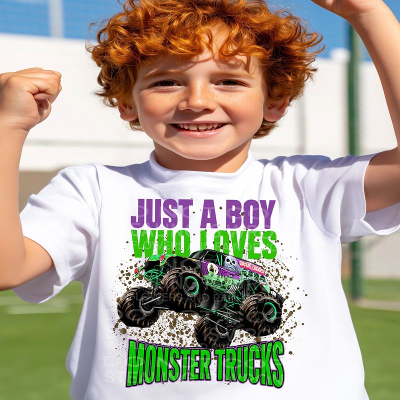 Just a boy who loves monster trucks png file for sublimation and dtf shirts. Digital download only.