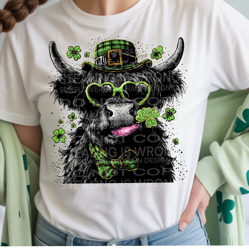 St Patrick’s day highland cow png file for sublimation and dtf shirts. Digital download only.