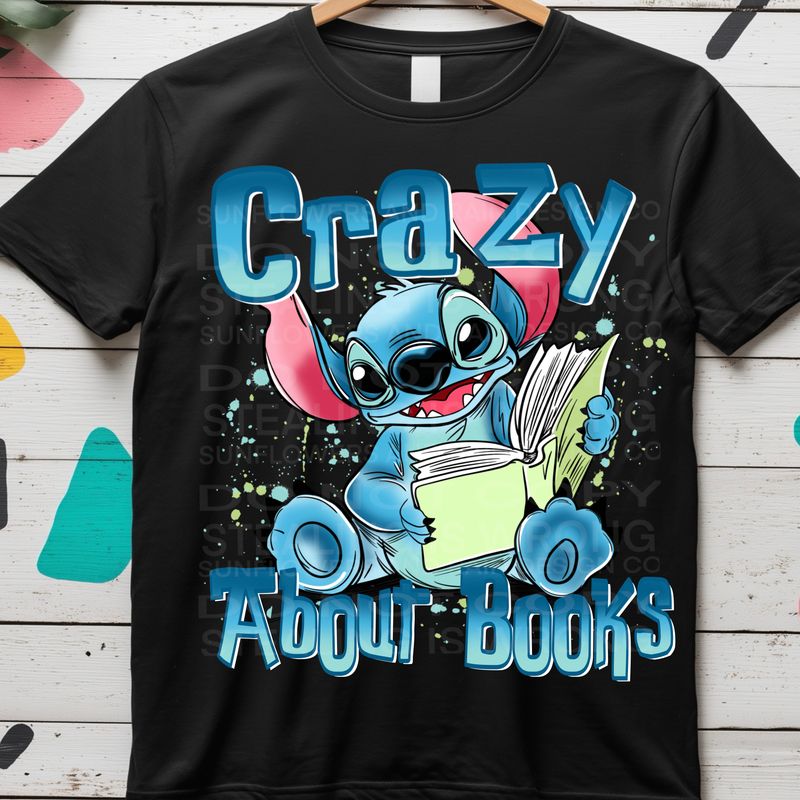 Stitch crazy about books png file for sublimation and dtf shirts. Digital download only.