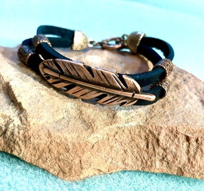 Unisex Bracelet - Copper Feather on Double Black Leather Cord