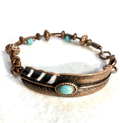 Unisex Bracelet - Copper Feather with Turquoise