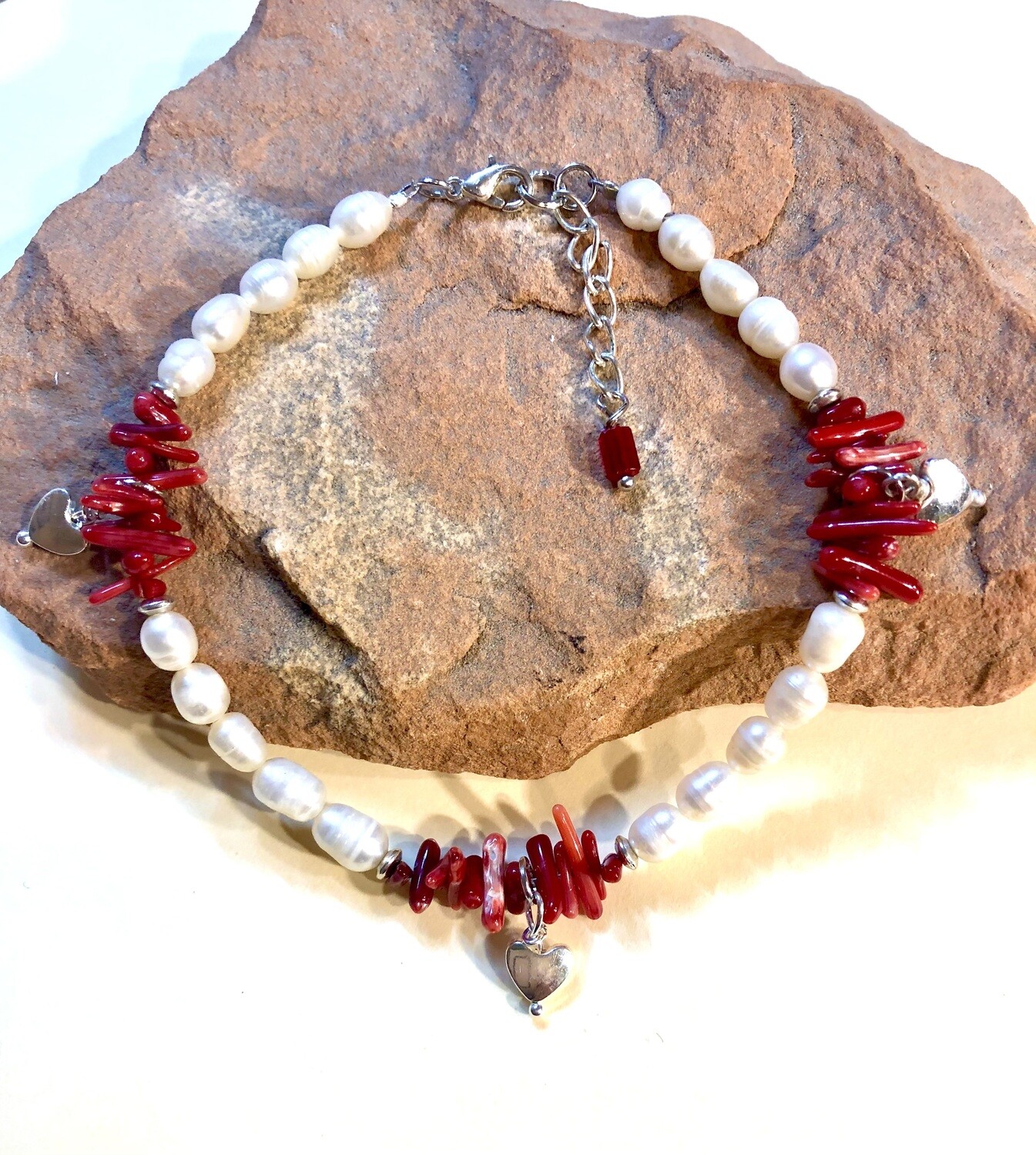 Ankle Bracelet - Hearts in Coral