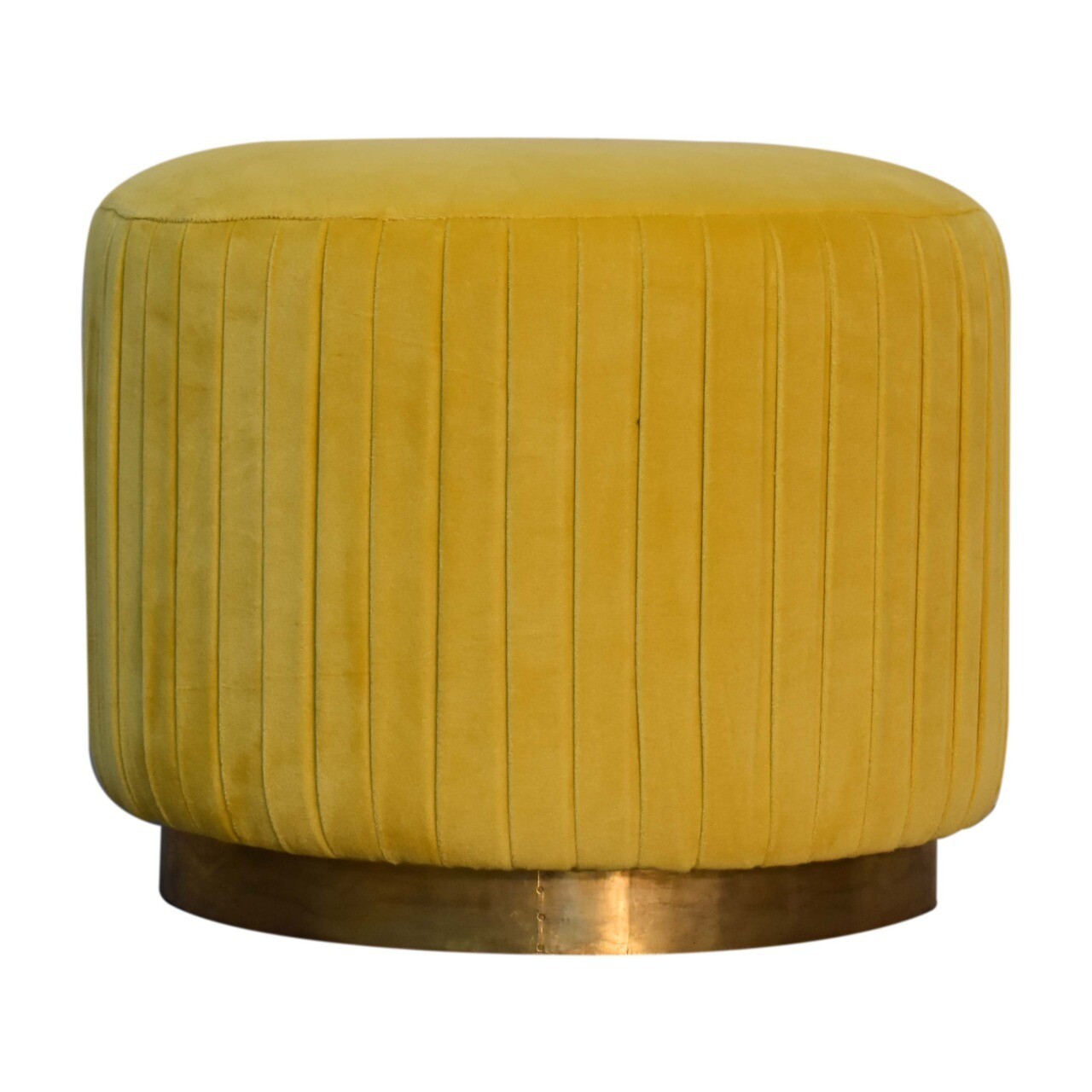 Mustard Cotton Velvet Pleated Footstool with Gold Base
