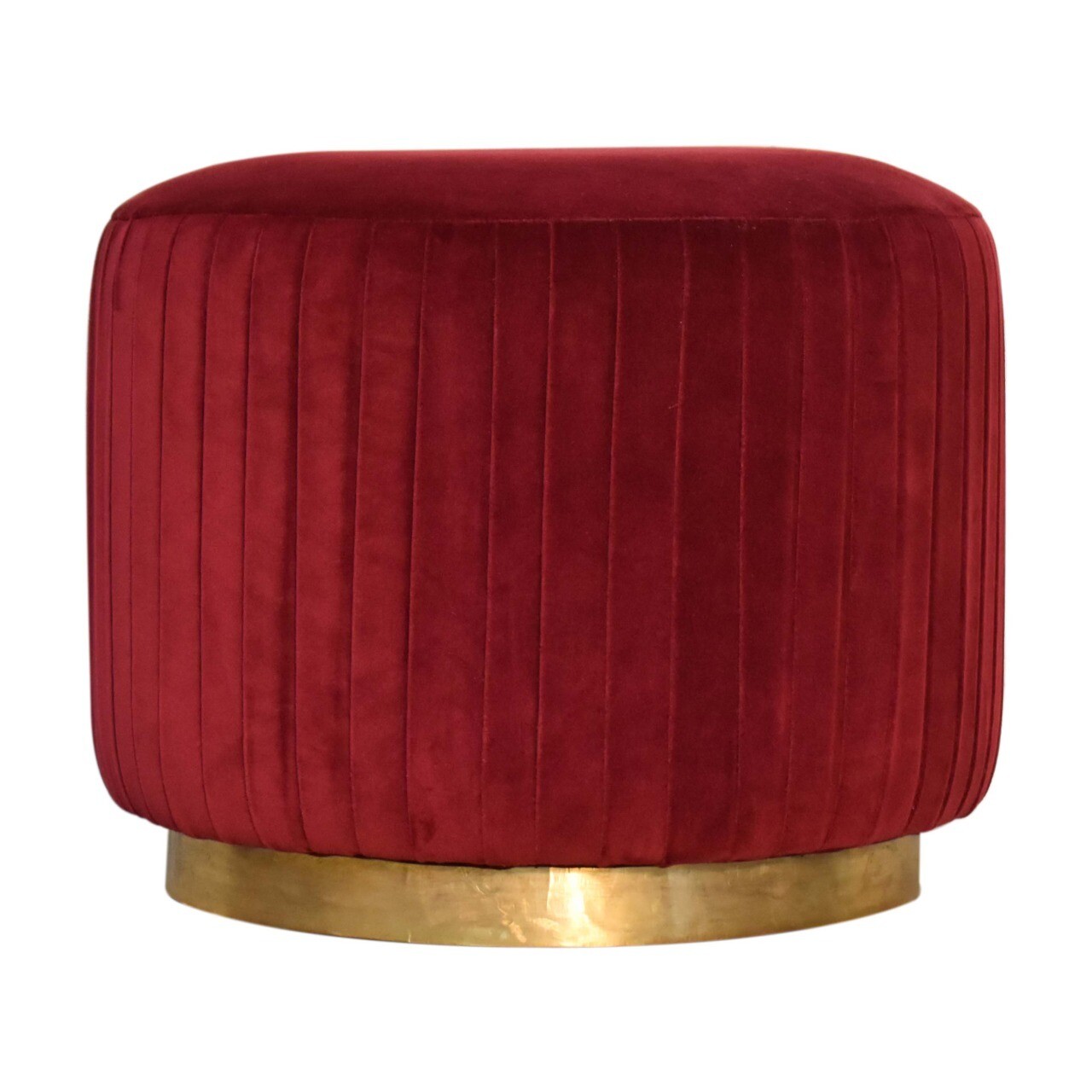 Wine Red Cotton Velvet Pleated Footstool with Gold Base