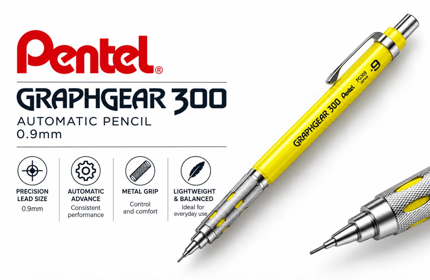 Pentel GraphGear 300 Automatic Pencil – Yellow 0.9mm
