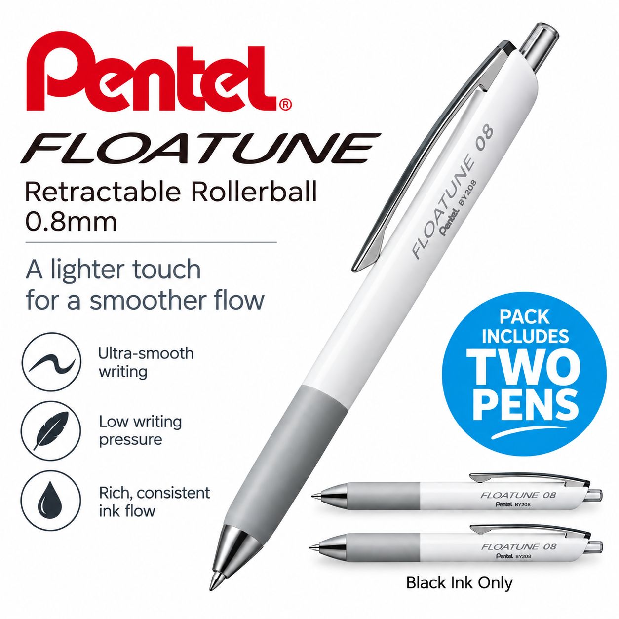 Pentel Floatune Retractable Rollerball Pen 0.8mm – Pack of 2