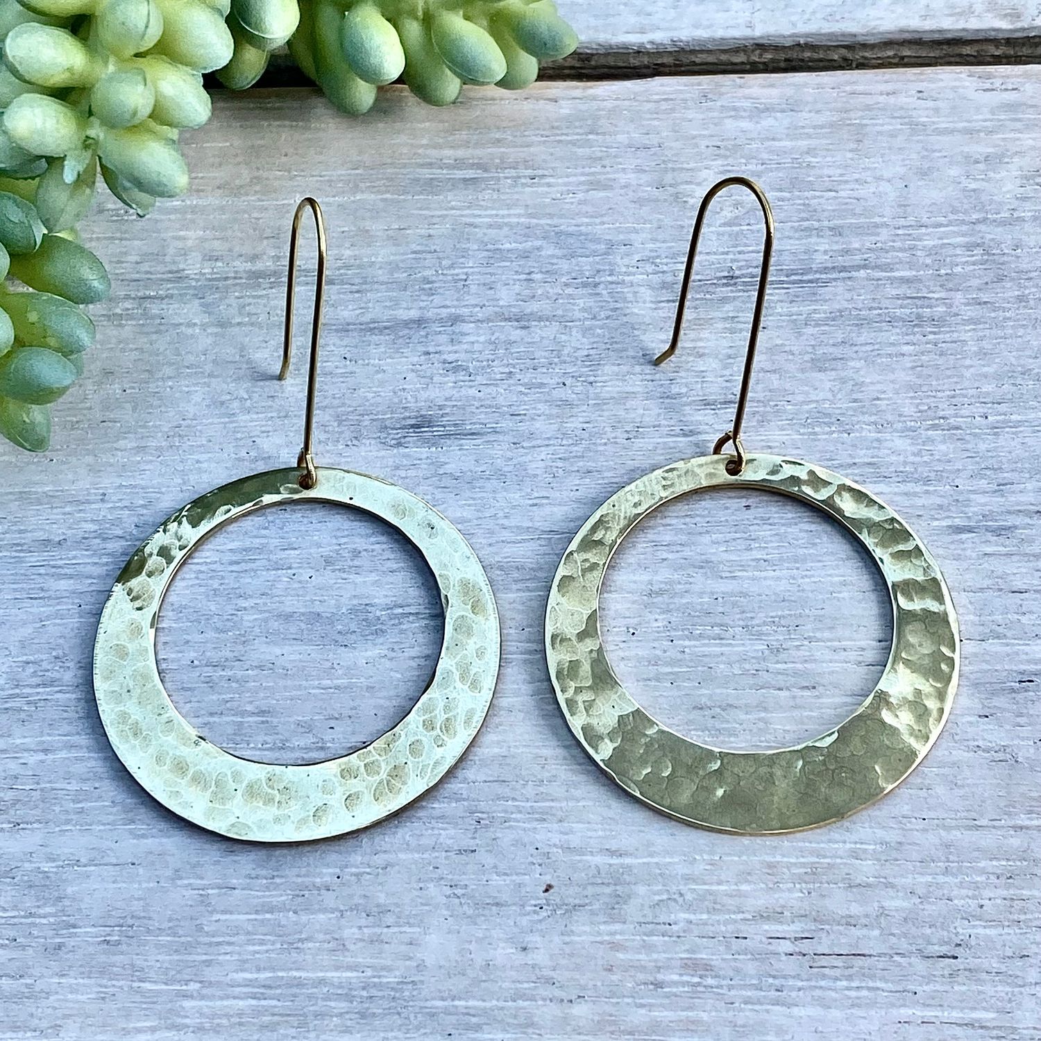 Brass hoop dangle earrings - Hammered