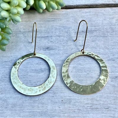 Brass hoop dangle earrings - Hammered