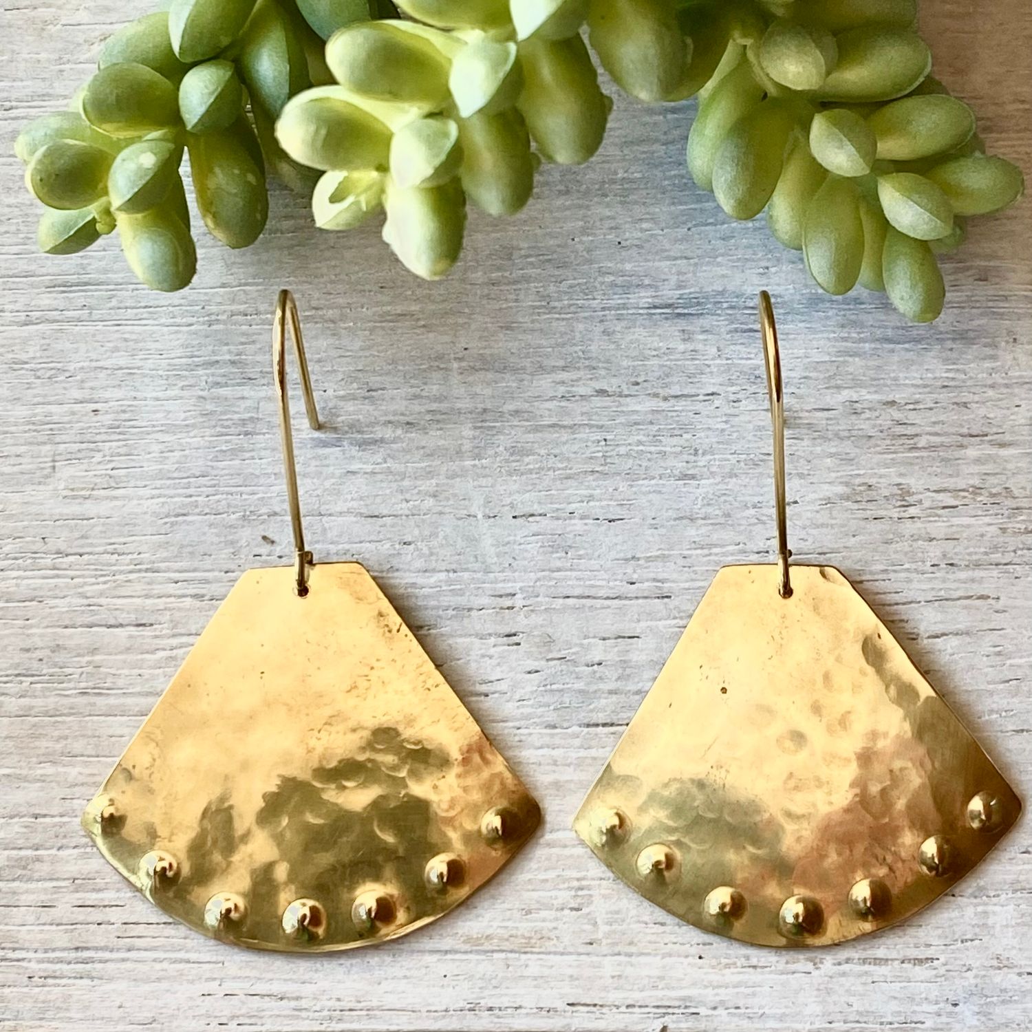 Brass fan studded dangle earrings - Hammered