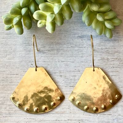 Brass fan studded dangle earrings - Hammered