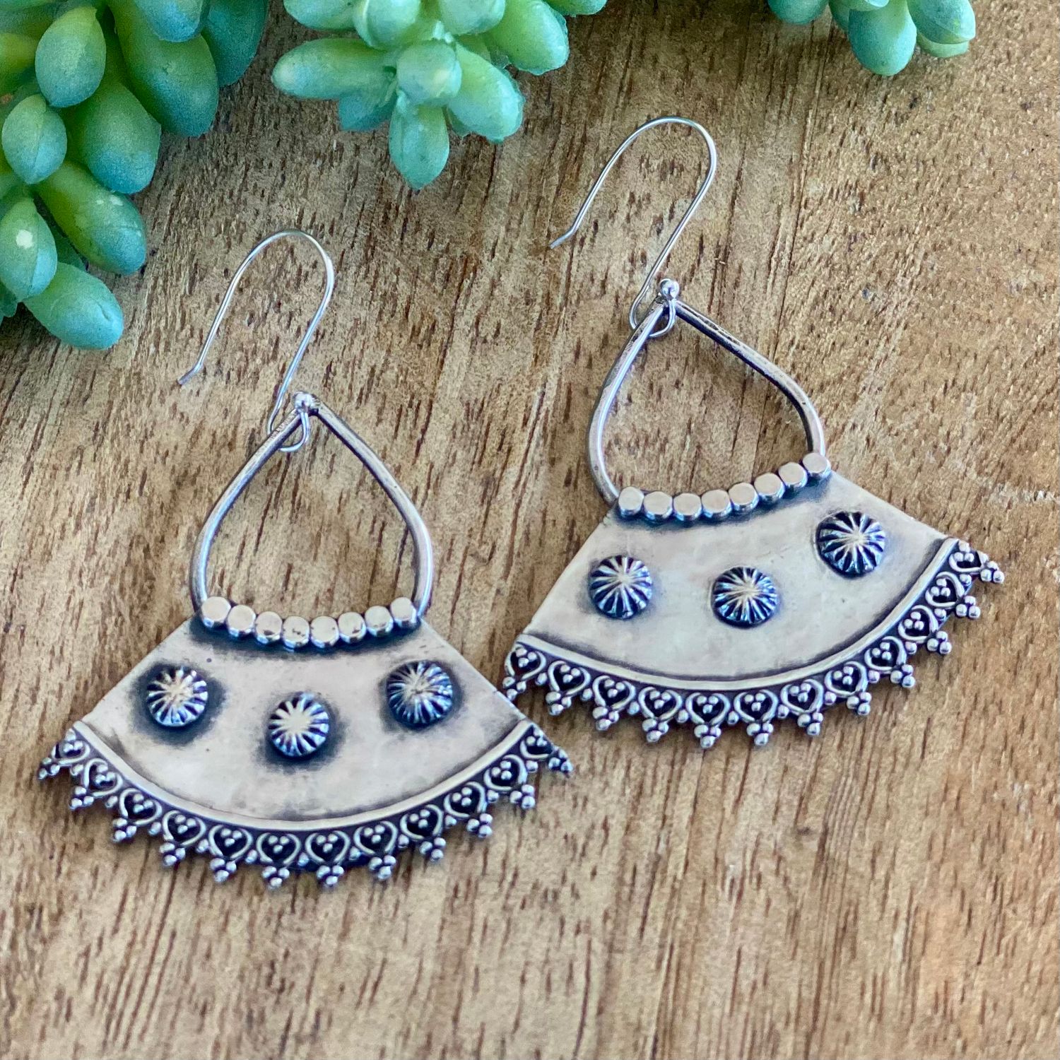 Sterling silver boho fan-shaped drop earrings