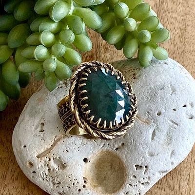 Brass &amp; Natural Emerald statement ring - Adjustable